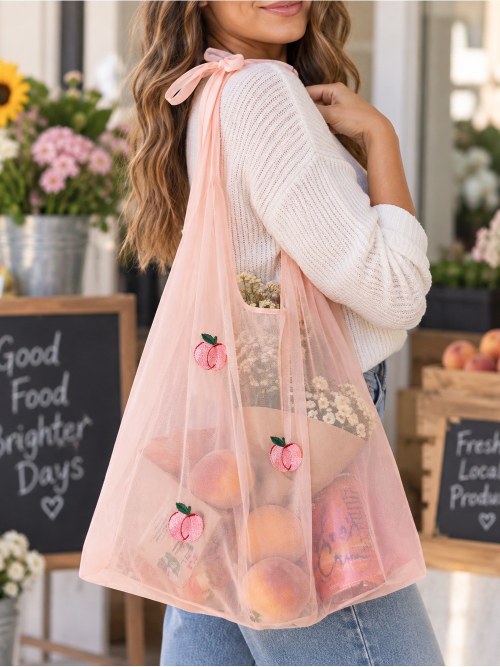 Sheer Market Tote Shopping Bag with Peaches or Pumpkins